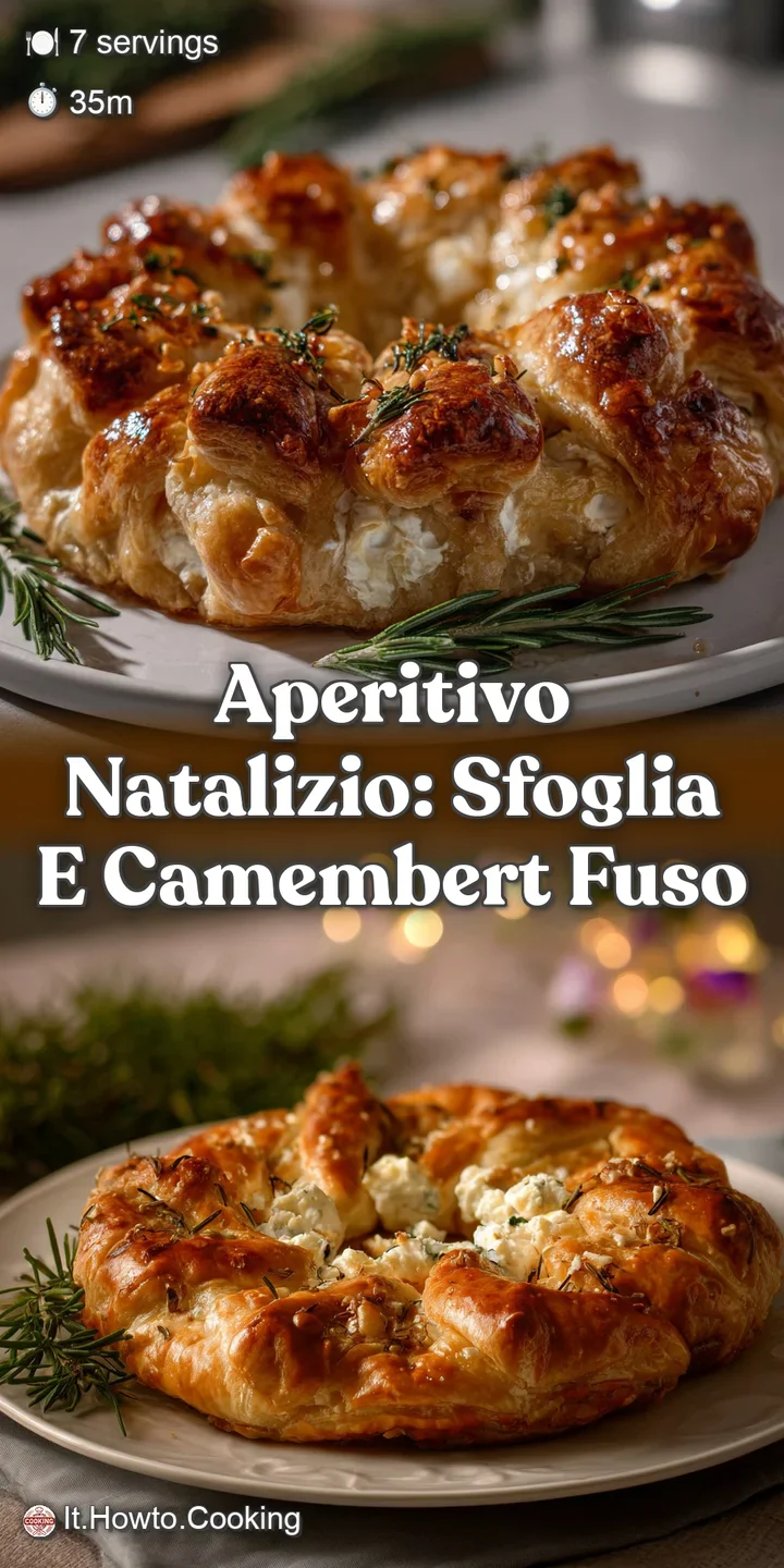 Close-up of bubbling, melted Camembert cheese within a golden-brown, crispy puff pastry shell. Textures of warm cheese and...