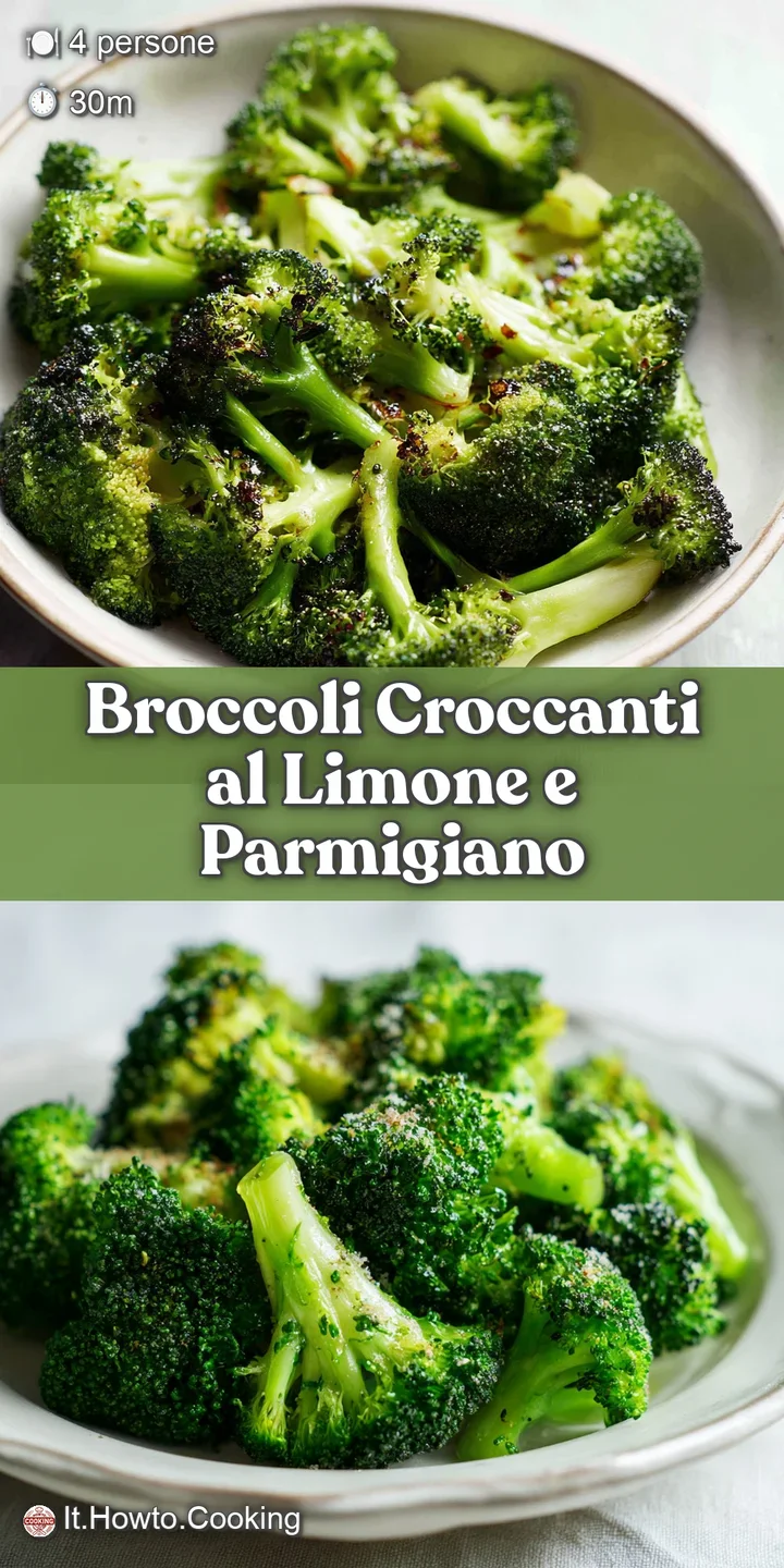 Close-up on the broccoli revealing vibrant green color, glistening oil, and toasted tips. Hints of lemon zest add bright c...