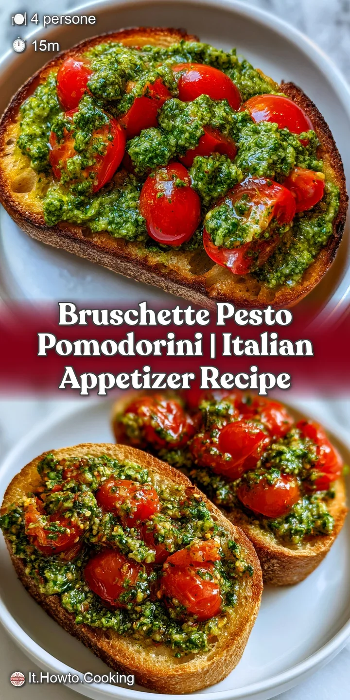 Primo piano di pomodorini rossi lucidi su pesto verde cremoso, con la texture ruvida del pane tostato e caldo.