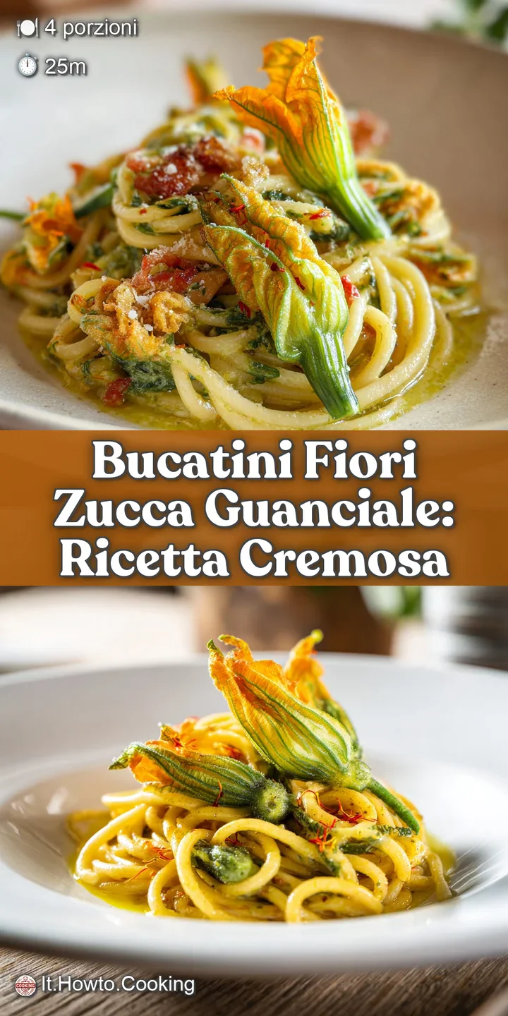 Close-up of bucatini pasta coated in a rich sauce, showcasing the delicate texture of squash blossoms and crispiness of gu...