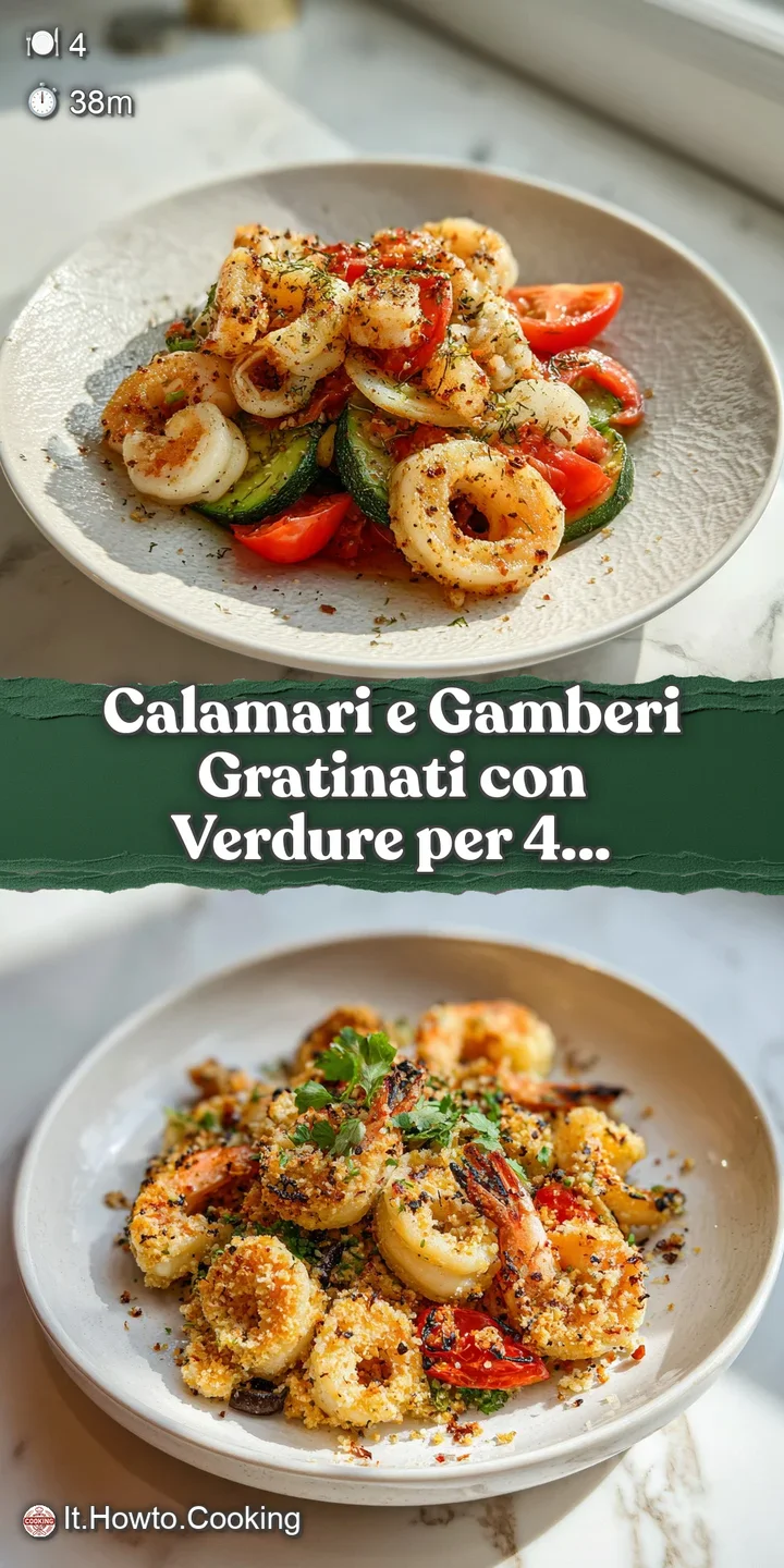 Close-up of glistening calamari and plump shrimp under a layer of crispy, browned breadcrumbs. Hints of herbs peek through...