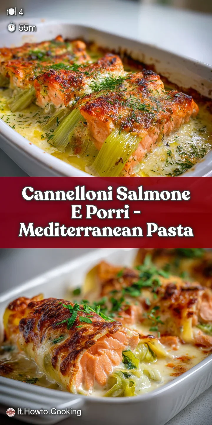 Close-up shot of a salmon & leek cannelloni, highlighting its creamy, textured filling and golden baked pasta. Mouthwateri...
