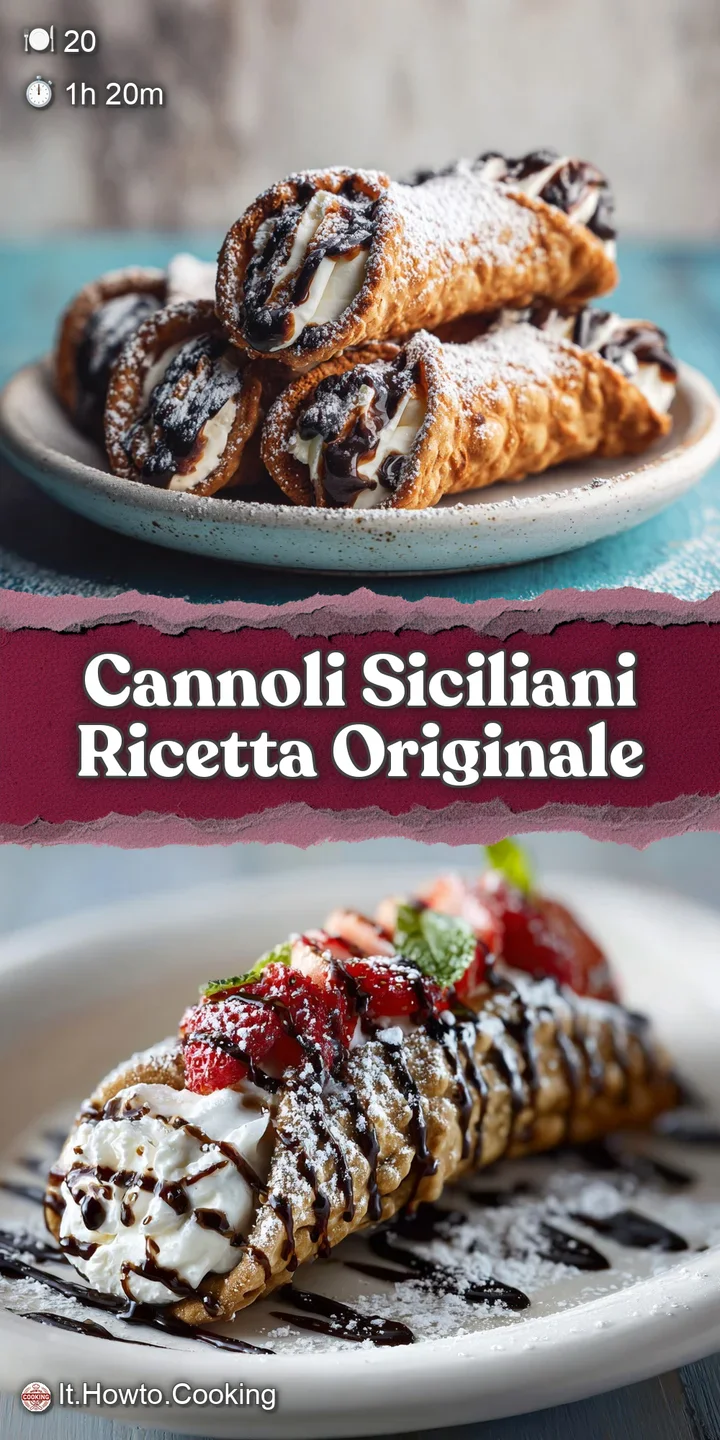 Close-up of a cannoli revealing its creamy, sweet ricotta filling studded with chocolate. The crisp shell is dusted with p...