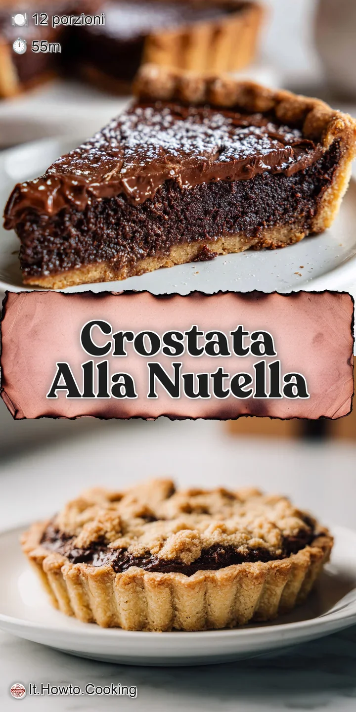 Close-up of a Nutella crostata reveals its glossy, rich filling nestled in a golden, perfectly imperfect, flaky crust.