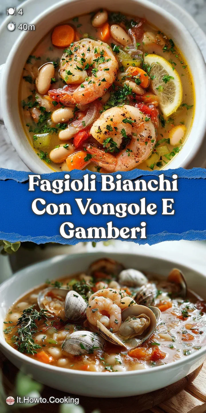 Close-up of tender shrimp and clams nestled in creamy white beans, flecked with herbs and glistening with olive oil.