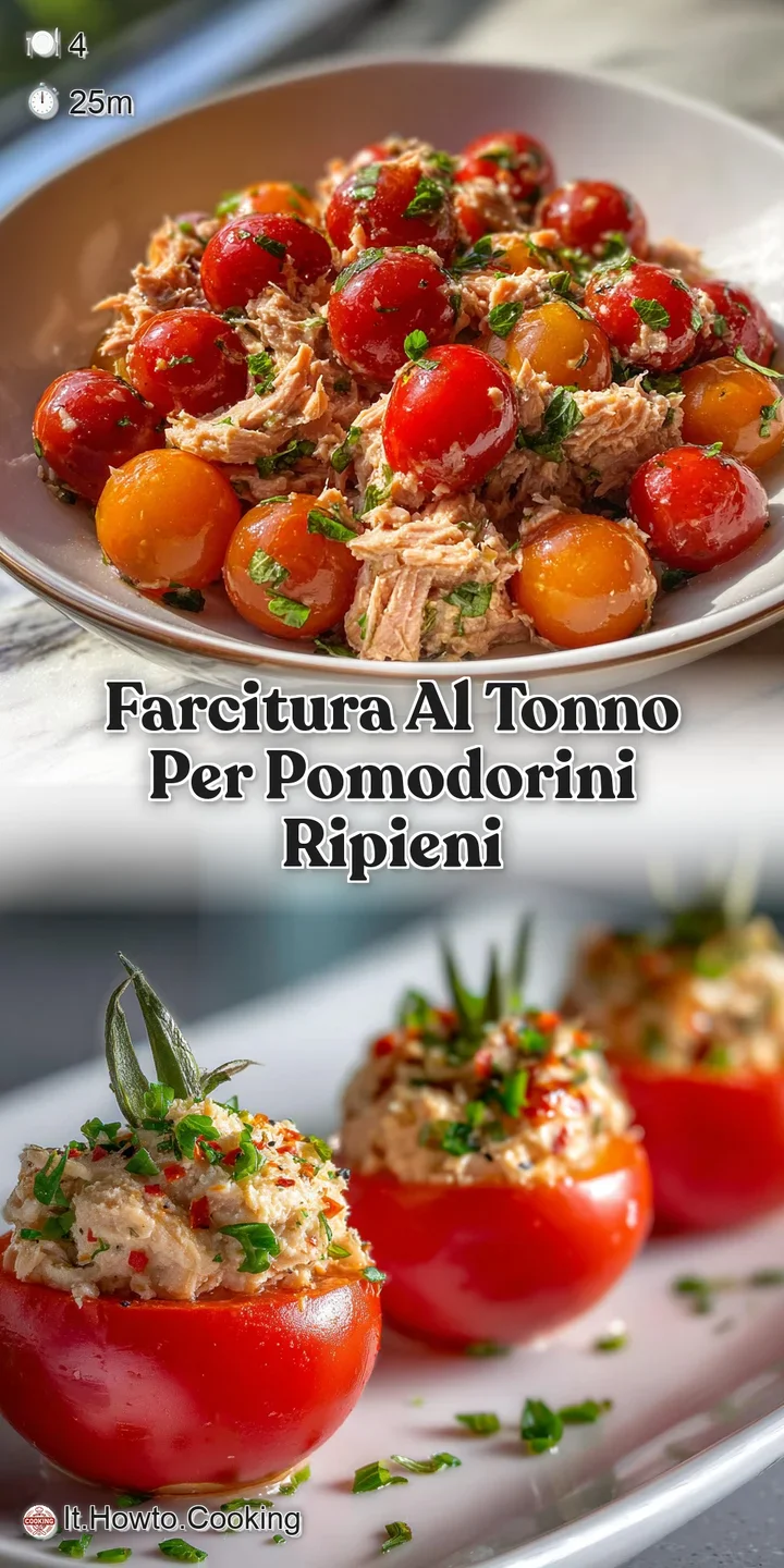 Close-up of a stuffed tomato; smooth, light tuna filling swirls atop the bright red skin, with flecks of herbs creating vi...