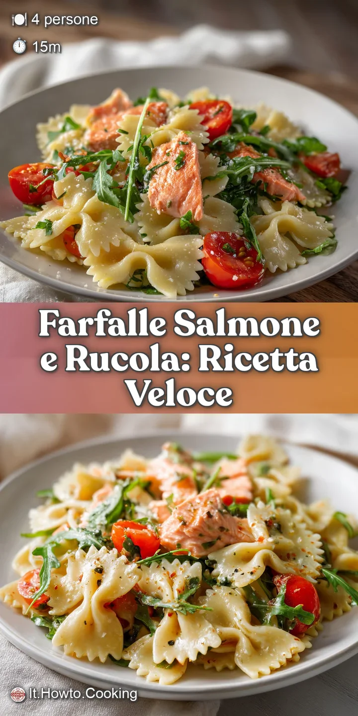 Close-up of farfalle pasta, revealing the flaky salmon and fresh arugula leaves. Creamy sauce clings to the pasta, looking...