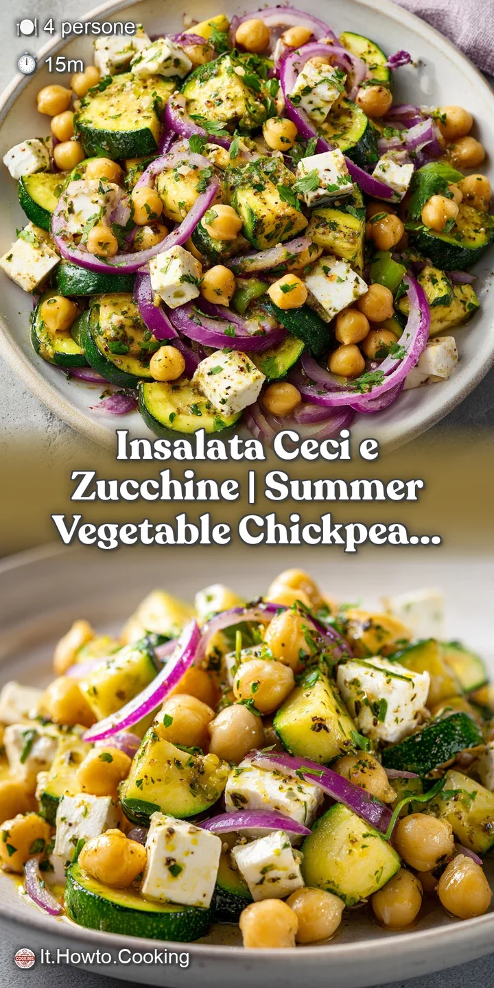 Dettaglio ravvicinato di ceci dorati, zucchine verdi sode e feta bianca sbriciolata, con gocce di olio scintillanti.