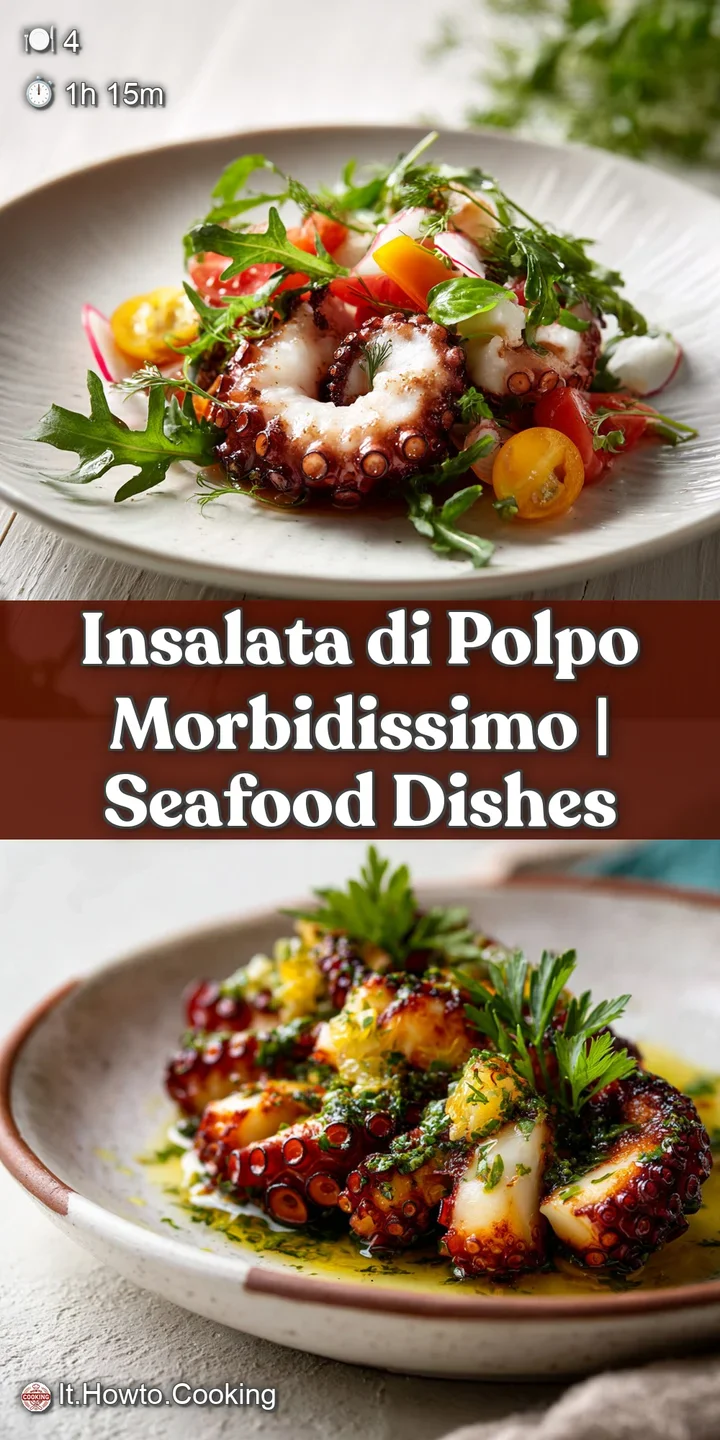 Close-up of glistening octopus salad. See the delicate texture of the octopus and the freshness of the chopped vegetables.