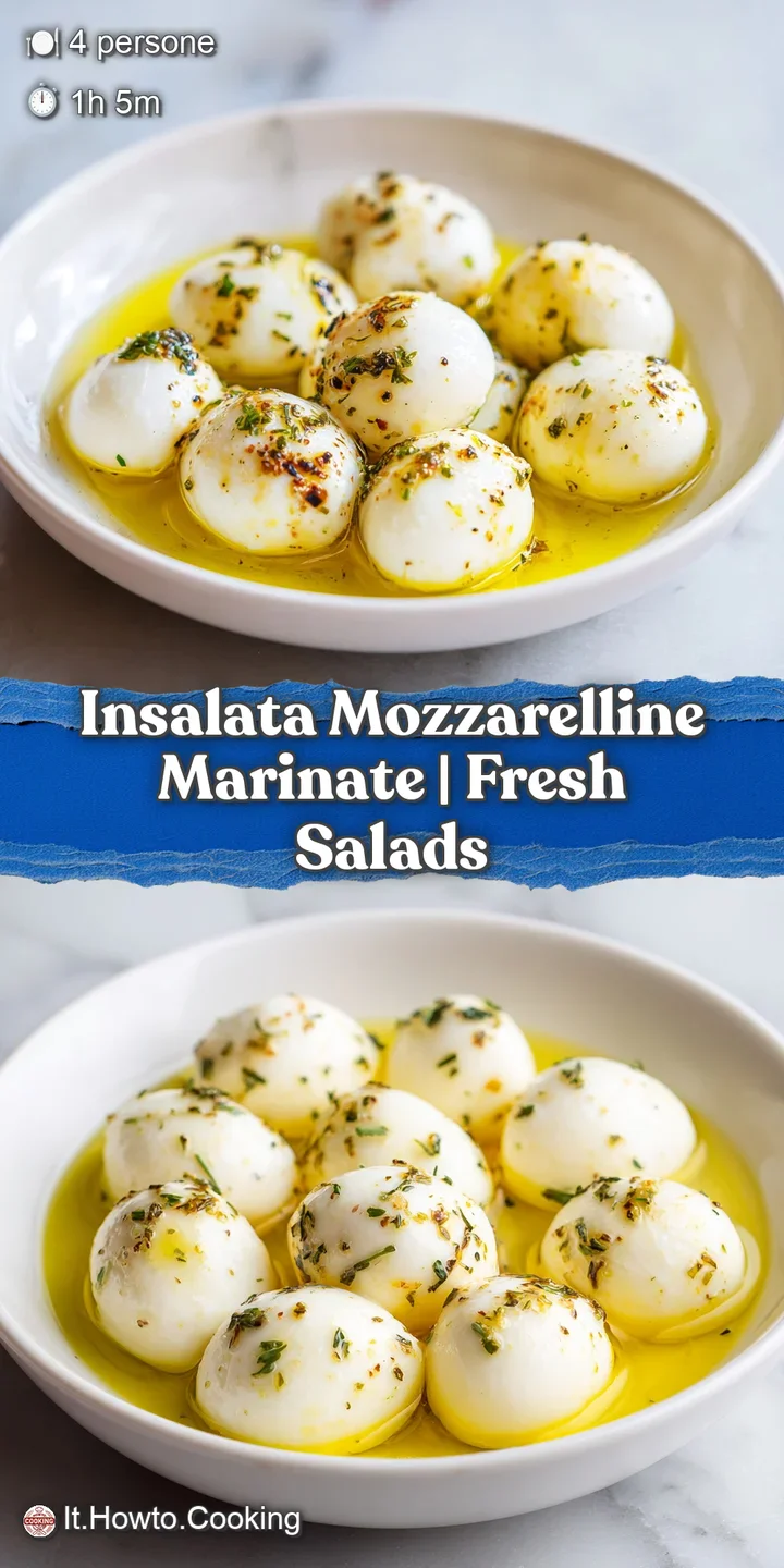 Close-up of glistening marinated mozzarella pearls with flecks of black pepper and fresh herbs in a glass bowl.