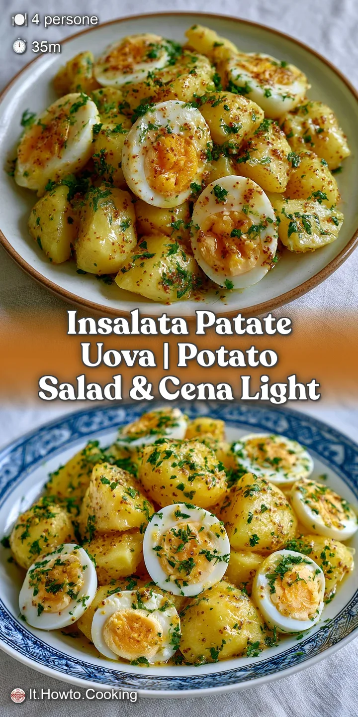 Primo piano di uova sode dal tuorlo morbido e patate vellutate, condite con una salsa lucida e un pizzico di pepe nero.
