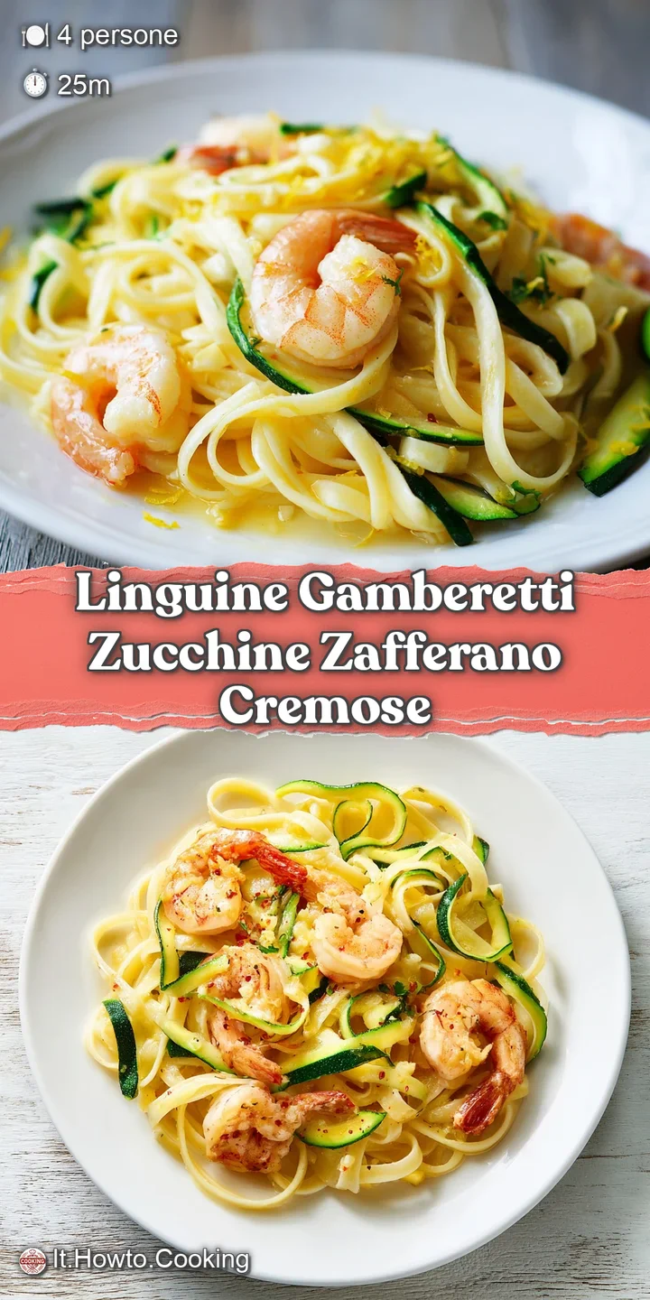 Close-up of glistening linguine with tender shrimp and delicate zucchini ribbons, coated in a rich, golden saffron sauce t...
