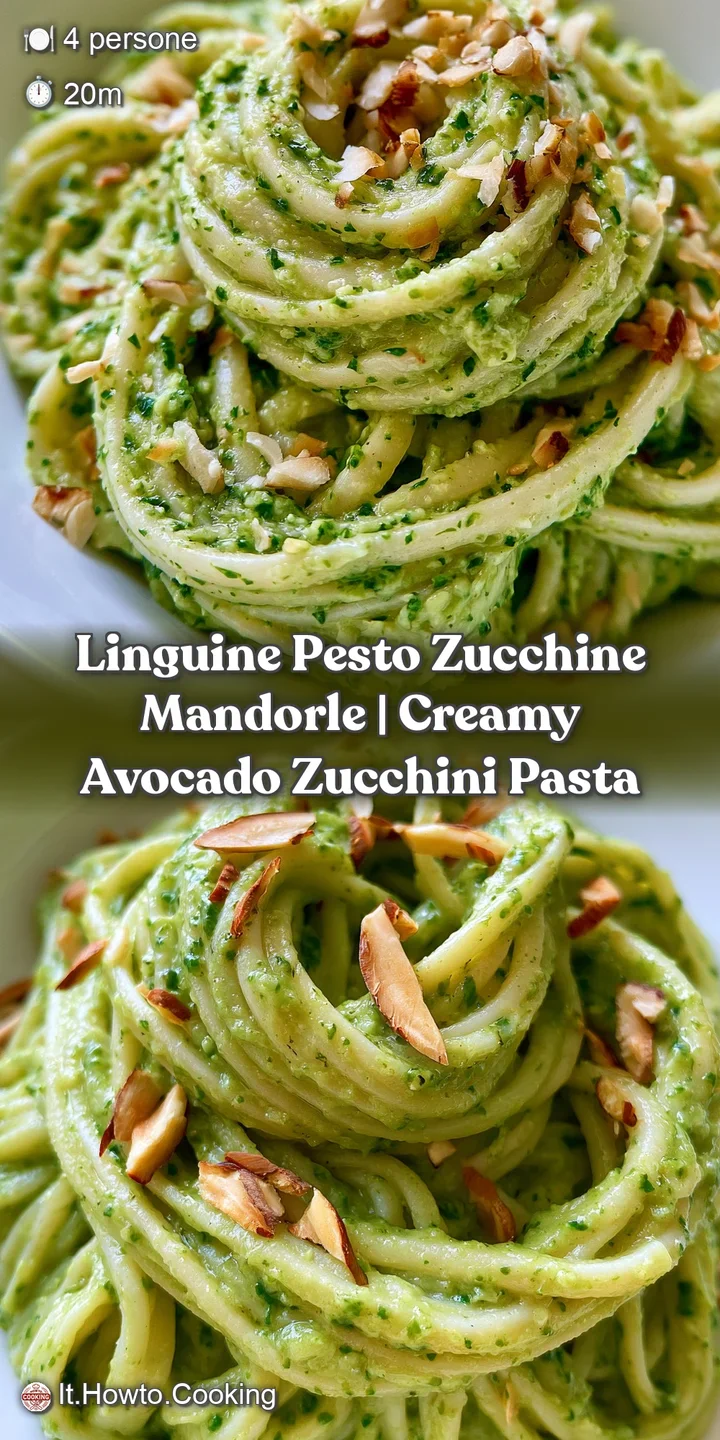 Primo piano di linguine cremose al pesto di zucchine, con mandorle tostate che aggiungono una texture croccante.