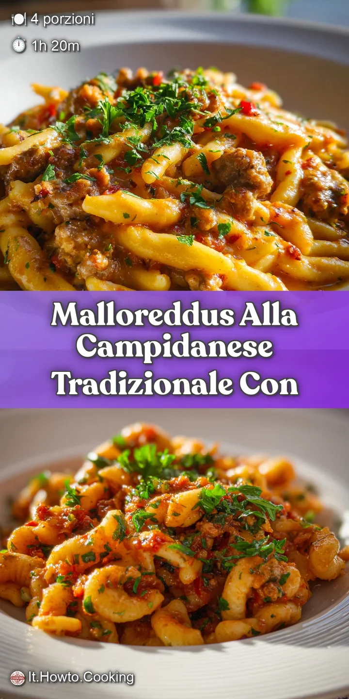 Close-up capturing the bubbling, textured surface of malloreddus alla Campidanese. Red sauce glistens with melted cheese; ...
