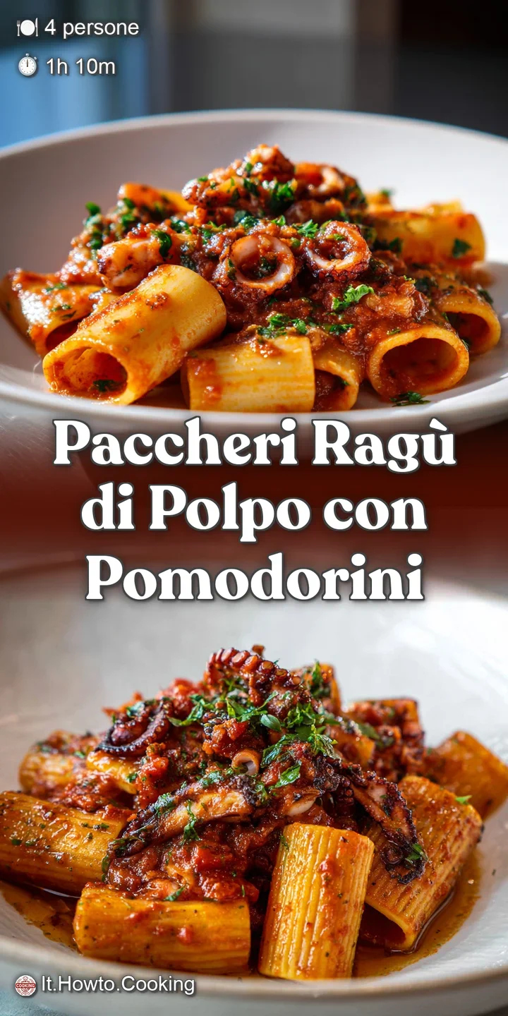 Close-up: Glossy, al dente paccheri pasta swimming in a deeply colored octopus ragu with visible tender octopus pieces.