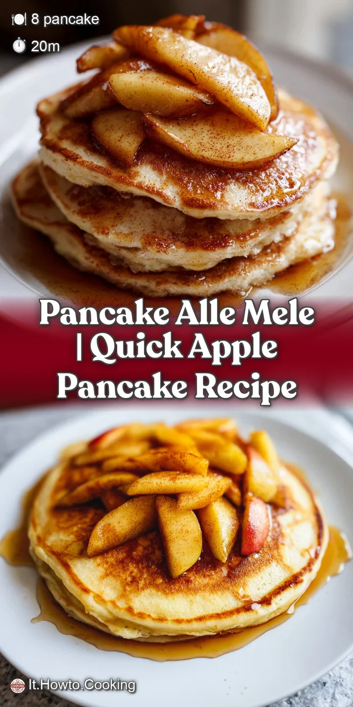 Primo piano di pancake caldi e spugnosi con sciroppo dorato che cola su fette di mela caramellate e polvere di cannella.