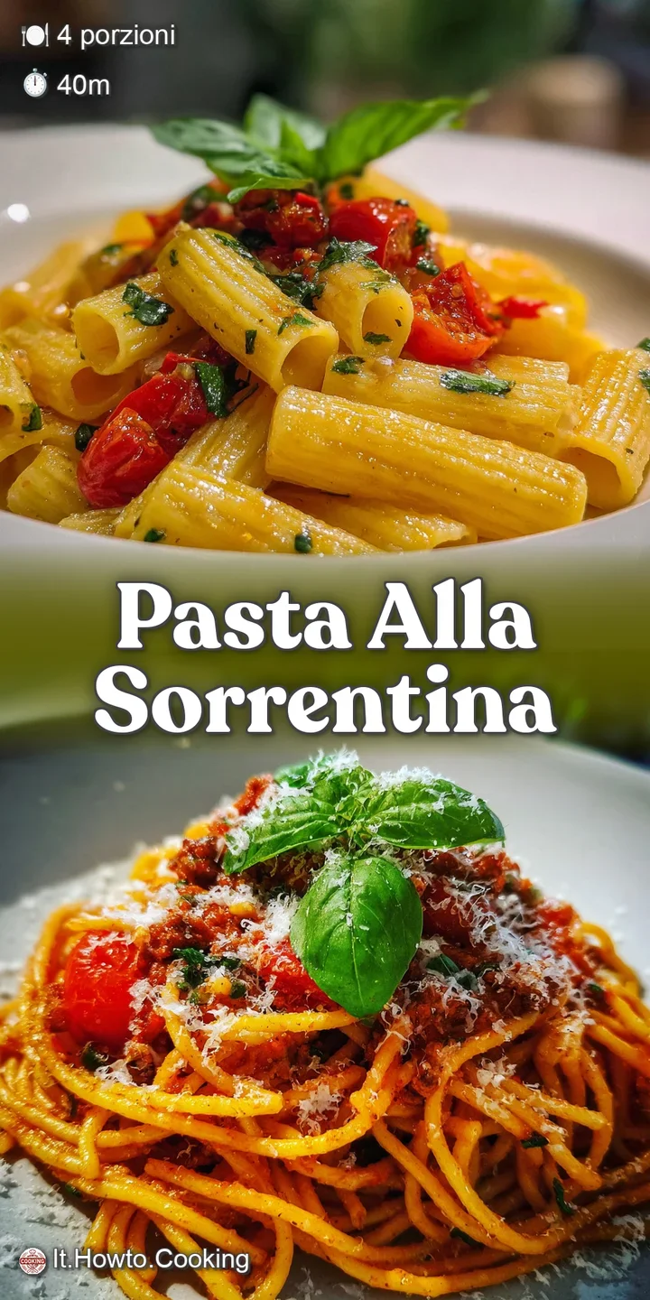 Close-up of pasta alla Sorrentina: bubbling mozzarella, glistening tomato sauce, and fragrant basil. Warm, comforting Ital...