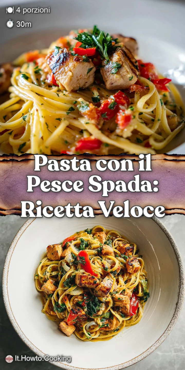 Close-up of swirling pasta with tender swordfish. Juicy tomatoes burst with color amidst the al dente noodles and peppery ...