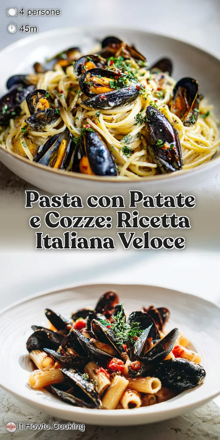 Close-up of glistening mussels nestled among tender pasta and soft potato chunks, inviting aromas seem to waft from the sc...