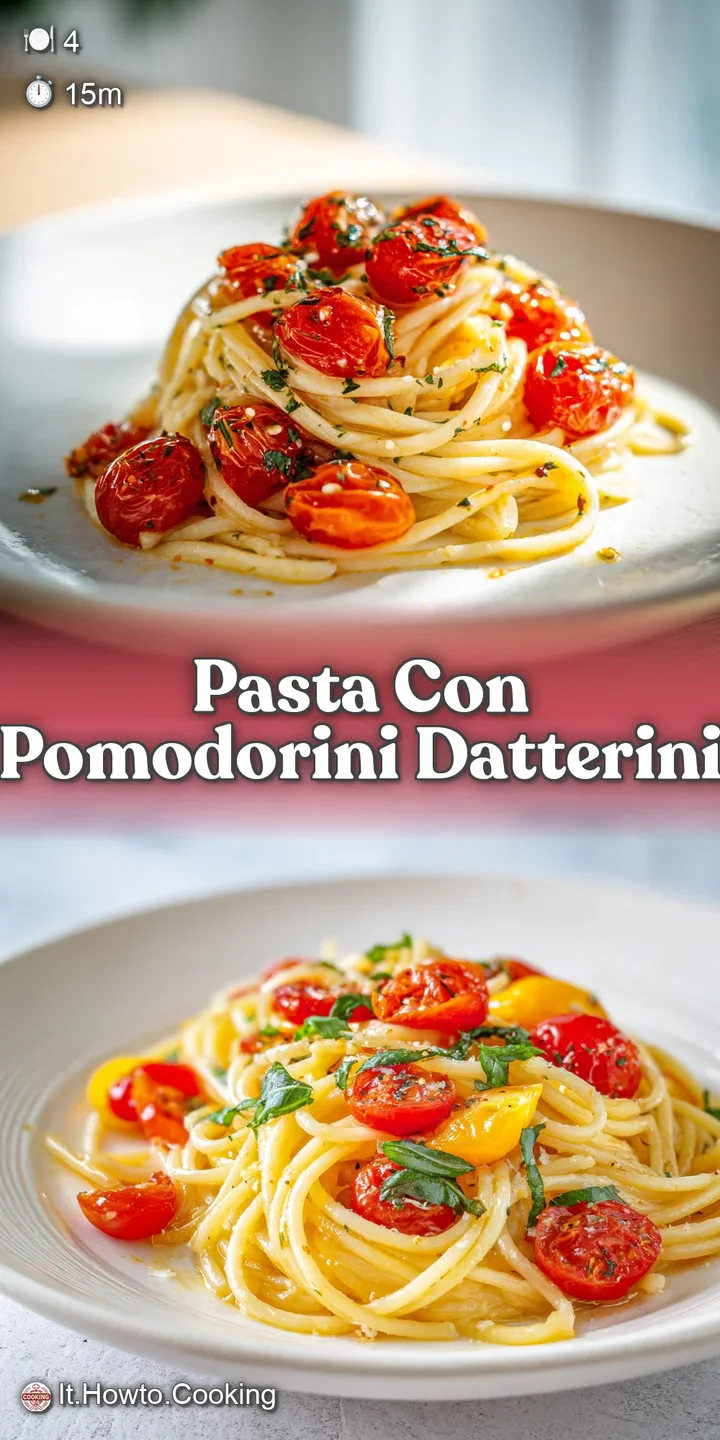 Close-up of saucy pasta glistening with olive oil and scattered sweet datterini tomatoes. Fresh basil adds a pop of green.