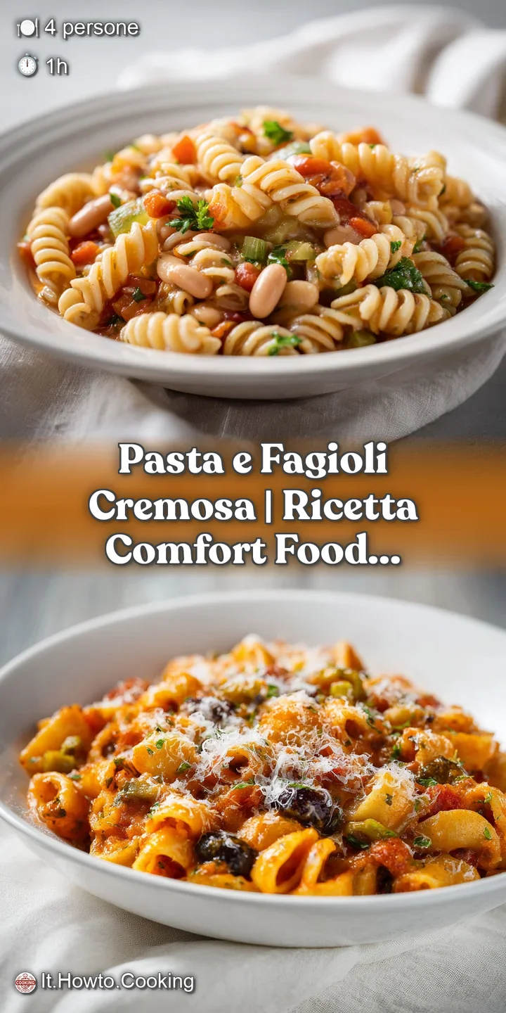 Close-up of creamy pasta e fagioli showing the texture of soft beans, al dente pasta, and rich, savory broth.