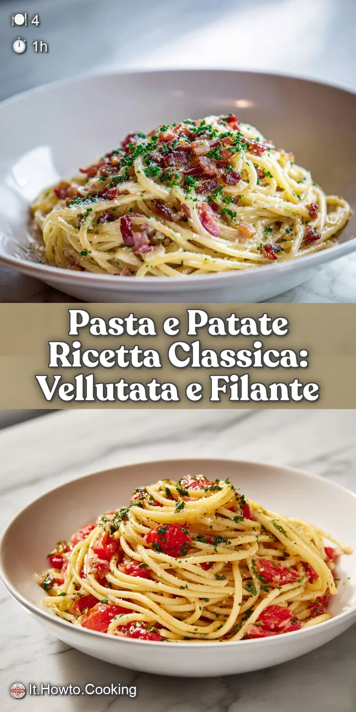 Close-up of creamy pasta and potatoes, showcasing the starchy broth, tender potatoes, and perfectly cooked pasta pieces.