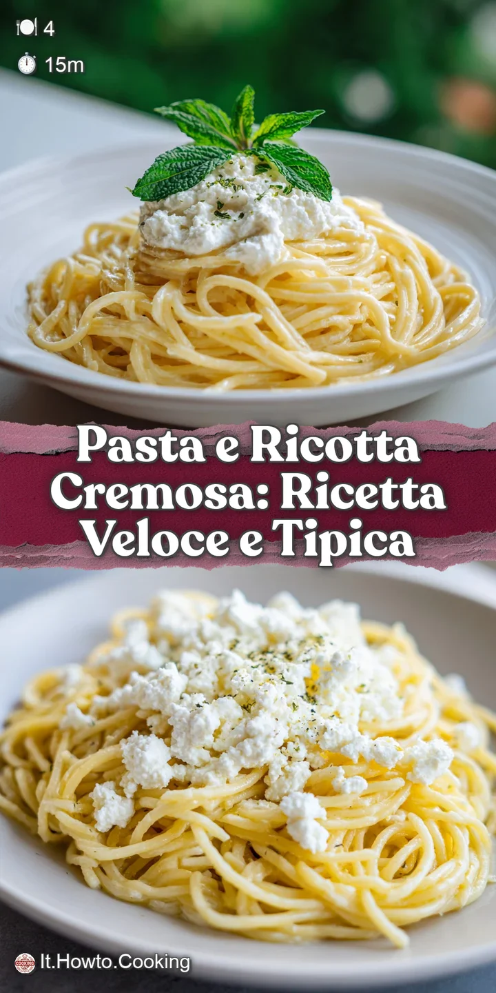 Close-up of luscious pasta coated in a smooth, light sauce, dotted with creamy ricotta and bright green basil, hinting at ...