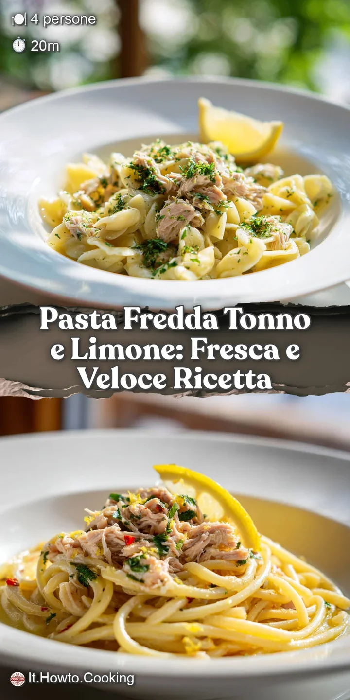 Close-up of pasta salad, showing al dente noodles coated in creamy lemon sauce. Flaky tuna and green herbs create a tantal...