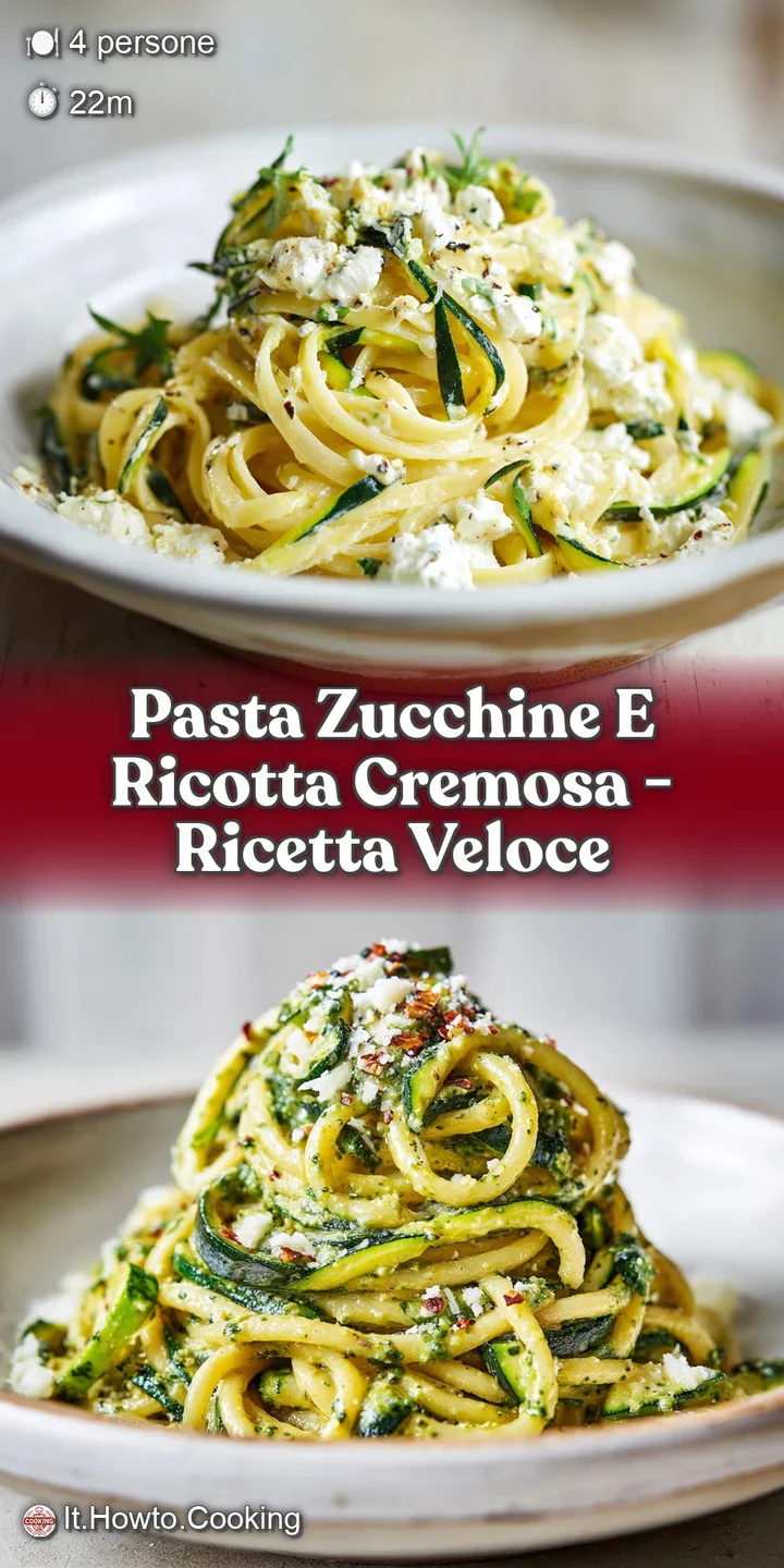 Close-up of creamy ricotta clinging to pasta, dotted with zucchini. Hints of fresh basil and black pepper create an inviti...