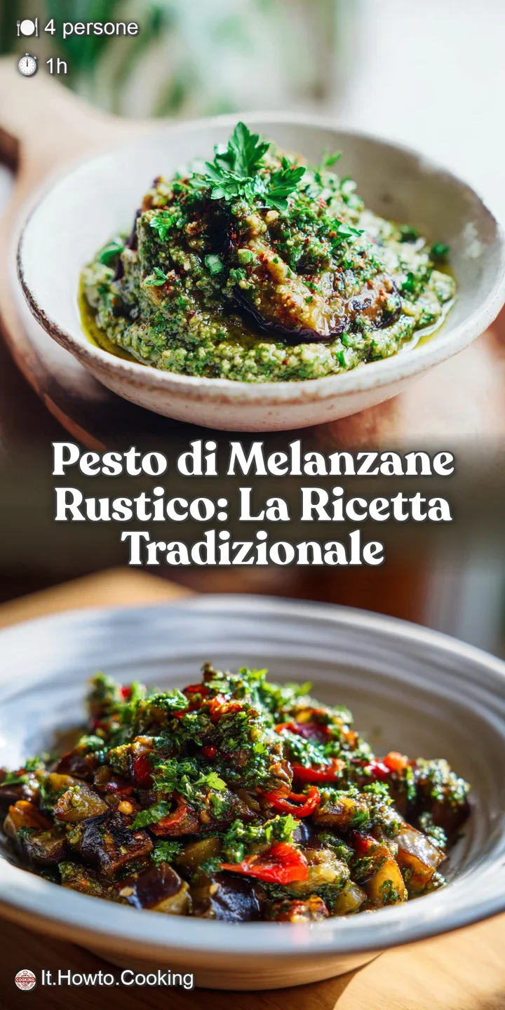 Close-up of velvety, dark eggplant pesto, showcasing the vibrant purples, greens, and glistening oil, hinting at rich, sav...