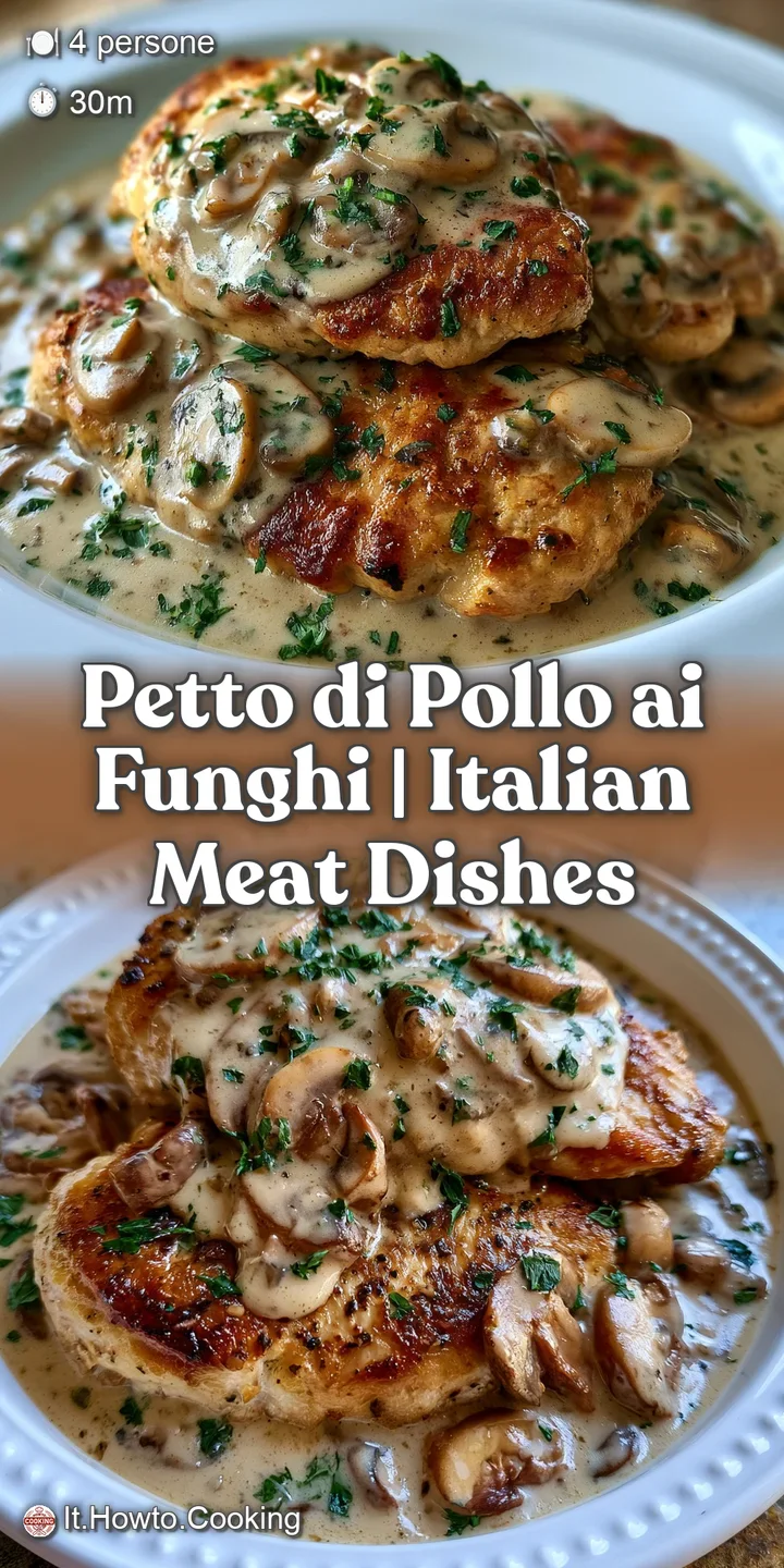Primo piano di petto di pollo succoso avvolto in una salsa densa e lucida ai funghi, con texture cremosa e calda.
