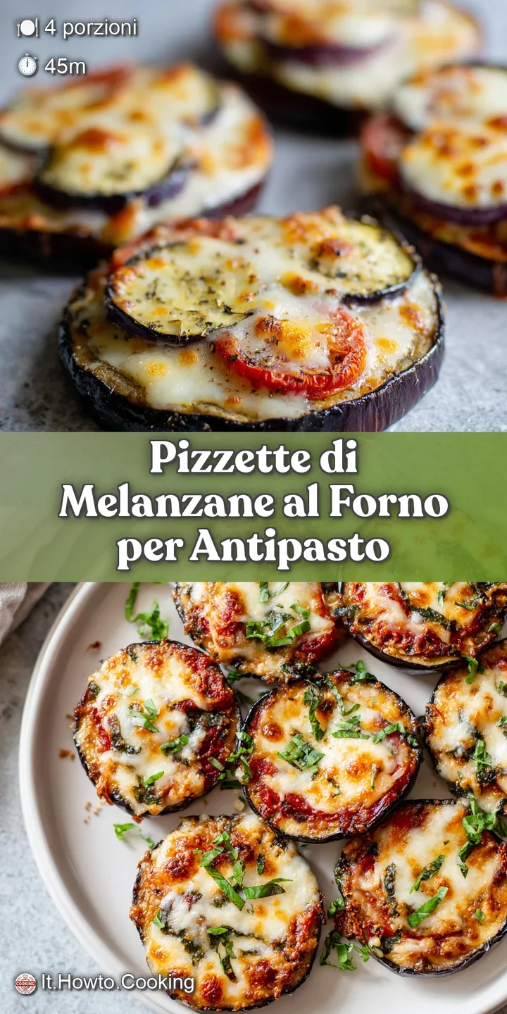 Close-up of a single pizzette; bubbling cheese and bright red tomato sauce atop a tender slice of baked eggplant, bursting...