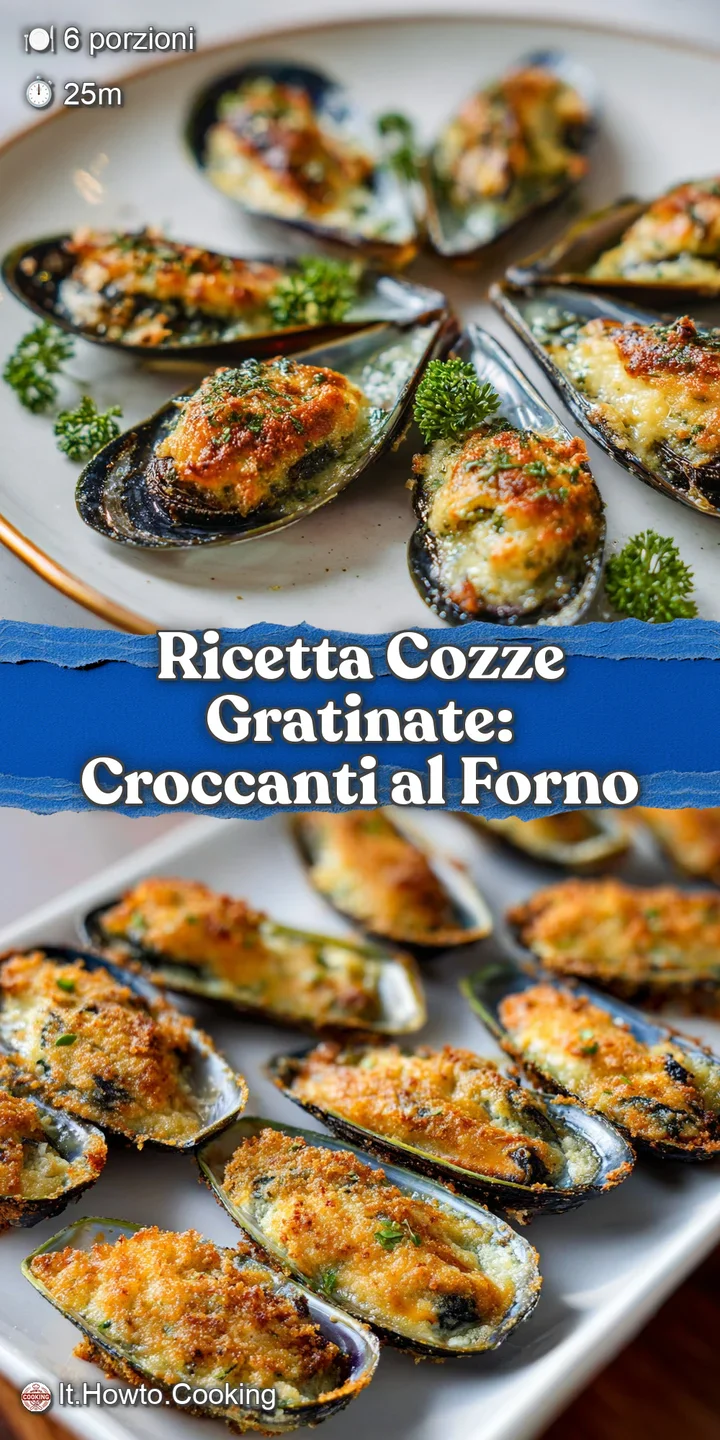 Close-up of a single baked mussel, its shell overflowing with golden breadcrumbs, herbs, and flavorful juices. Irresistibl...