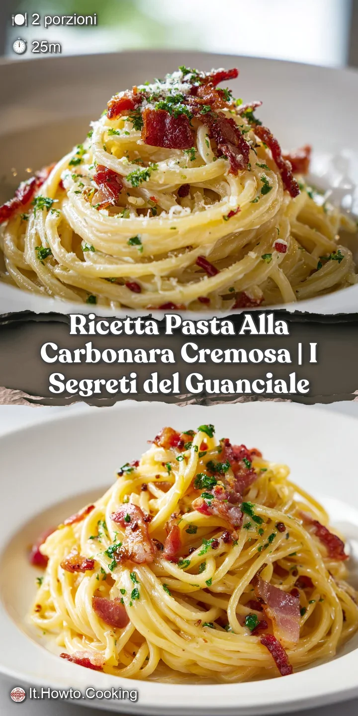 Close-up of silky carbonara, glistening strands of pasta coated in creamy sauce, enticing bits of browned guanciale visible.