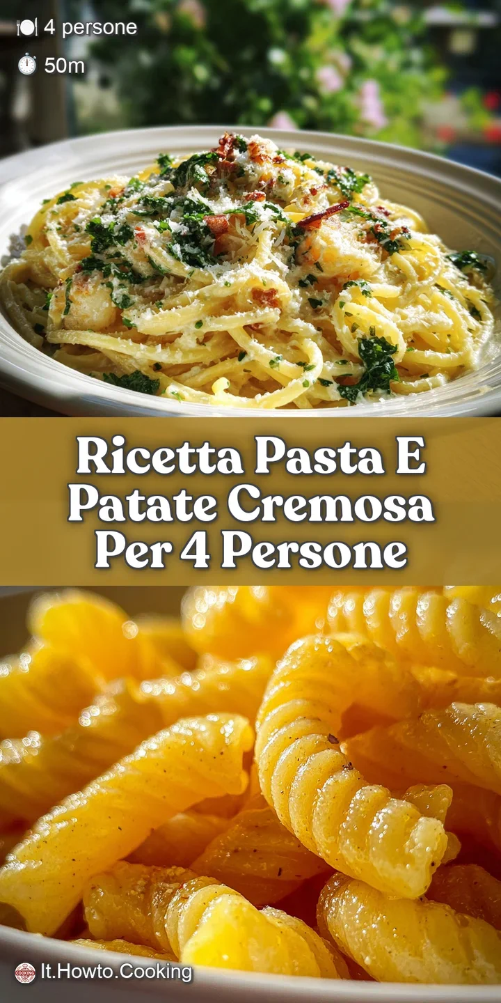 Close-up of steaming pasta e patate, showcasing the melted, golden provola and soft potato chunks. Creamy texture and warm...