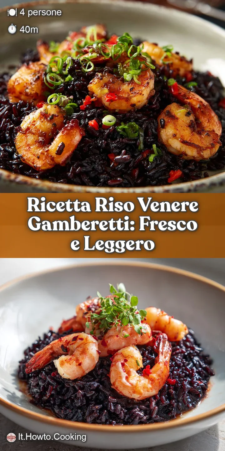 Close-up of glistening black rice and plump, pink shrimp, speckled with herbs. A burst of fresh, flavorful ingredients.