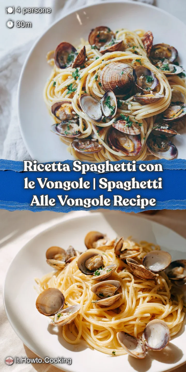 Close-up of tender spaghetti coated in a light, garlicky sauce, with succulent clams and a scattering of fresh herbs.