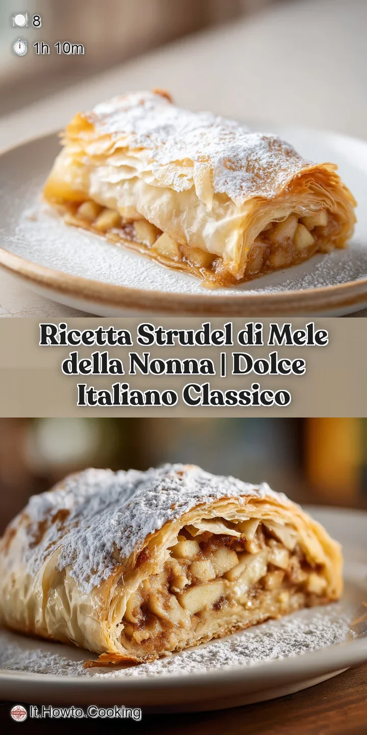 Close-up of a glistening apple strudel filling showing tender apples, raisins, and flaky pastry, a delicious and inviting ...