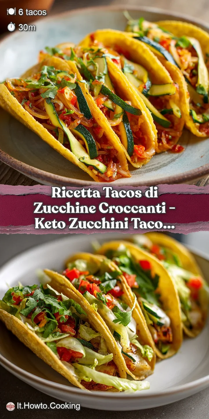 Close-up of a zucchini taco overflowing with filling. Charred zucchini contrasts with fresh herbs, creating a textured and...