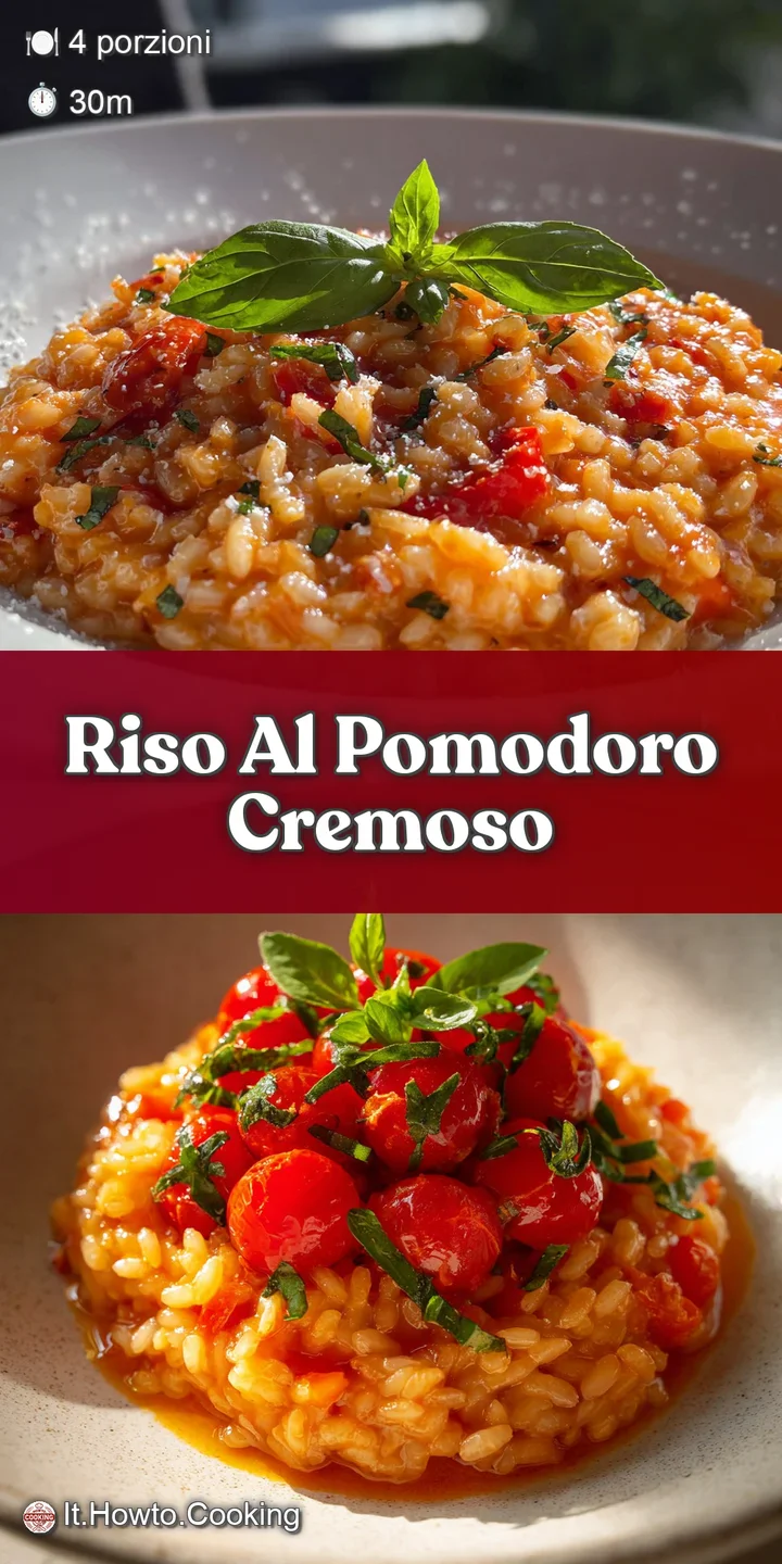 Close-up view of glossy, deeply-red tomato risotto. Creamy texture with visible grains of rice. Garnished with fresh green...