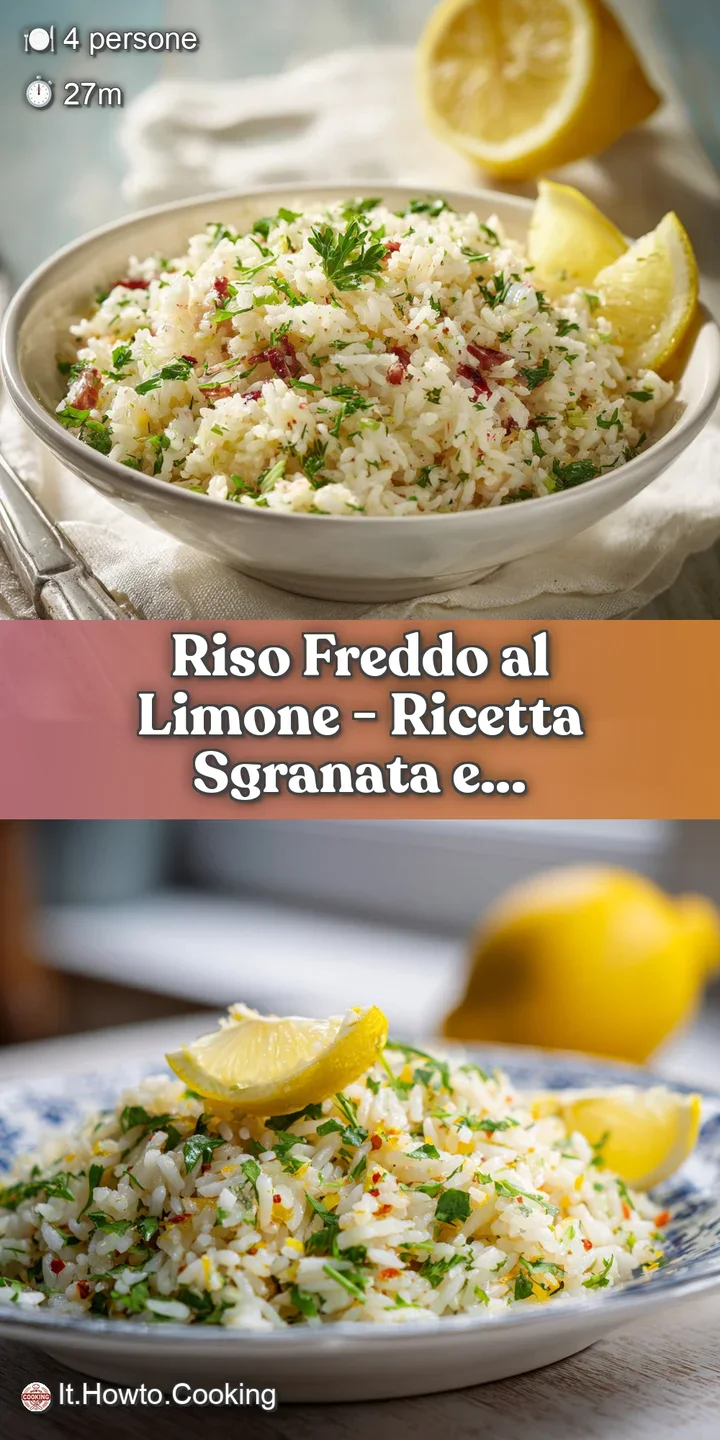 Close-up of fluffy, cooked rice grains glistening with lemon dressing, dotted with vibrant green herbs.