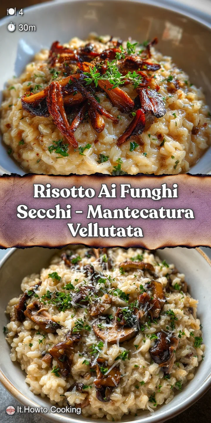 Close-up of creamy risotto; earthy mushrooms peeking through. Glistening sauce reflects the light, promising a rich, savor...