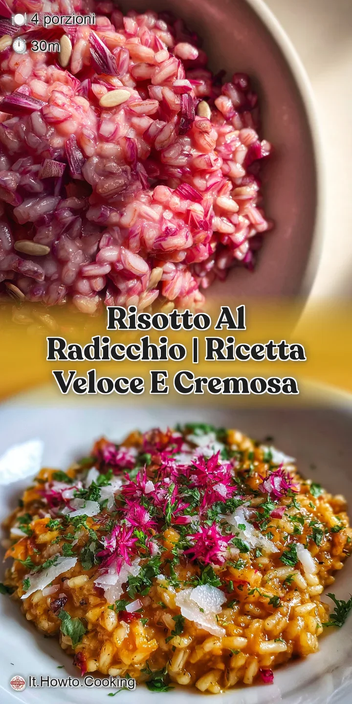 Close-up of creamy risotto, the wine-infused pink hue contrasting with the bitter, dark radicchio. Al dente rice grains gl...