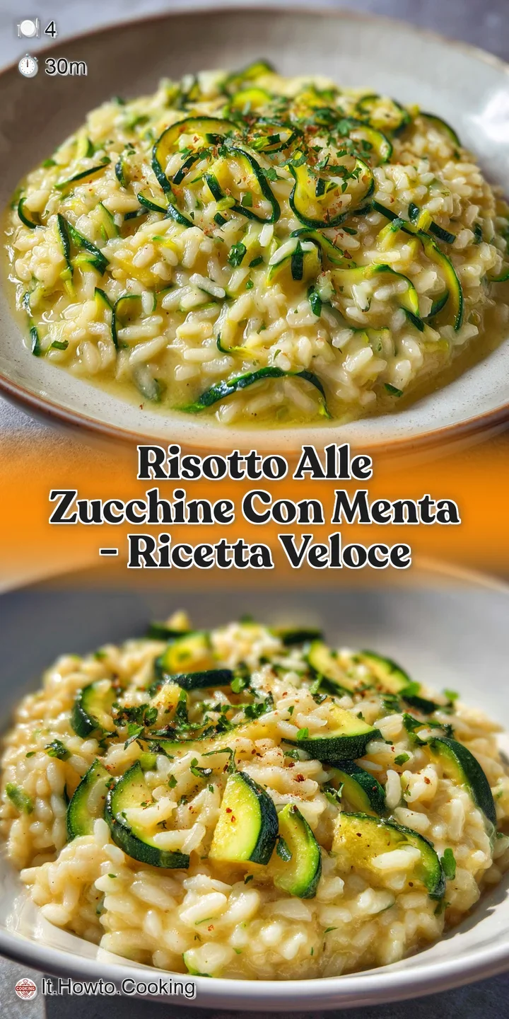Close-up of creamy zucchini risotto, highlighting the tender zucchini and glistening surface. Aromatic steam rises from th...
