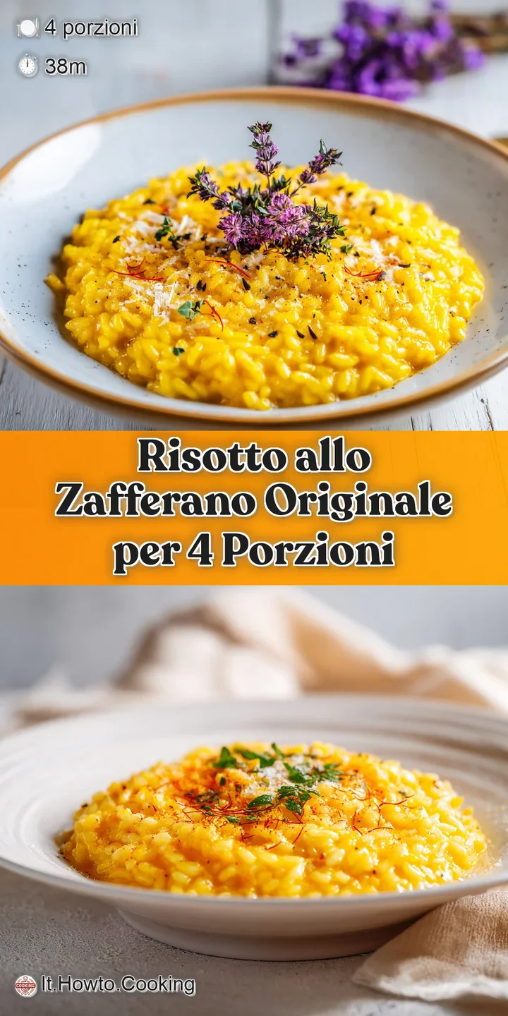 Close-up of golden saffron risotto: creamy, glistening rice grains with flecks of herbs, showing off its rich color and in...