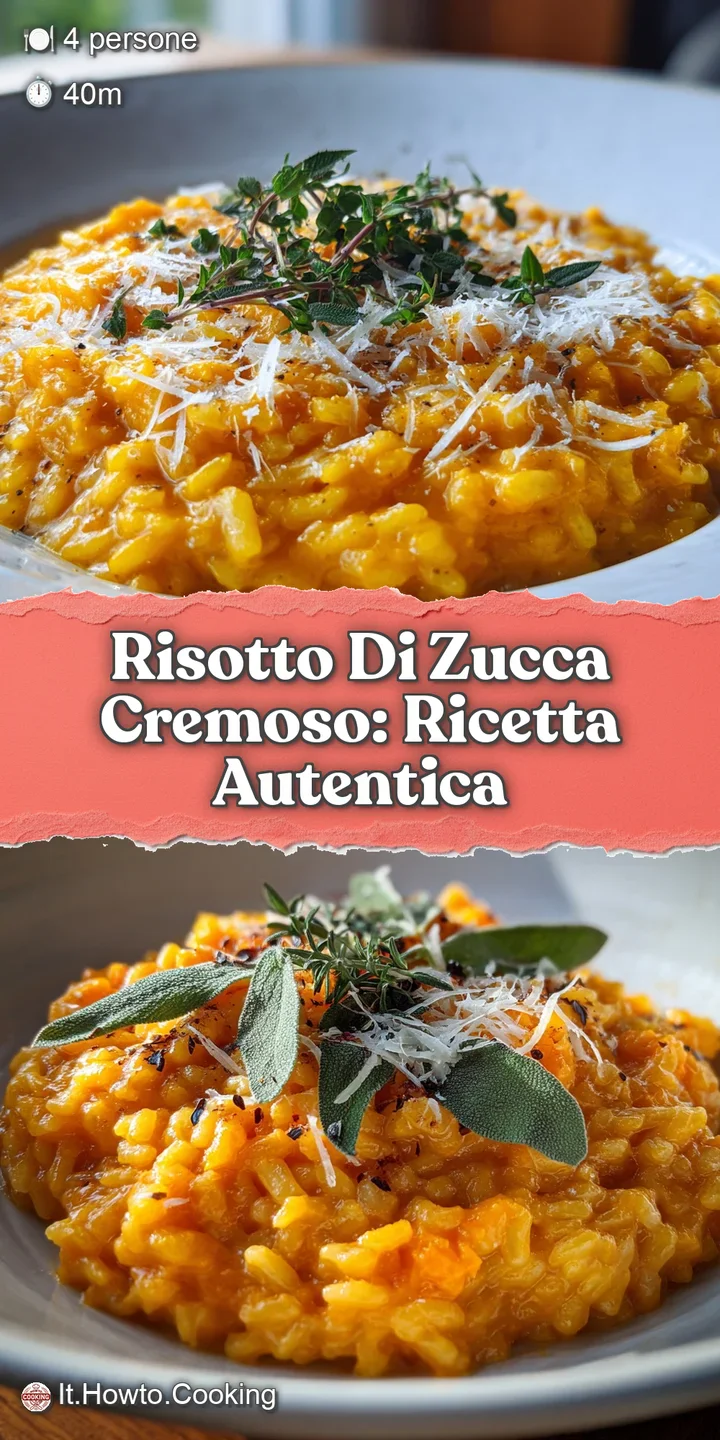 Close-up of creamy pumpkin risotto showing its rich, vibrant color and velvety texture. Glistening olive oil and herbs add...