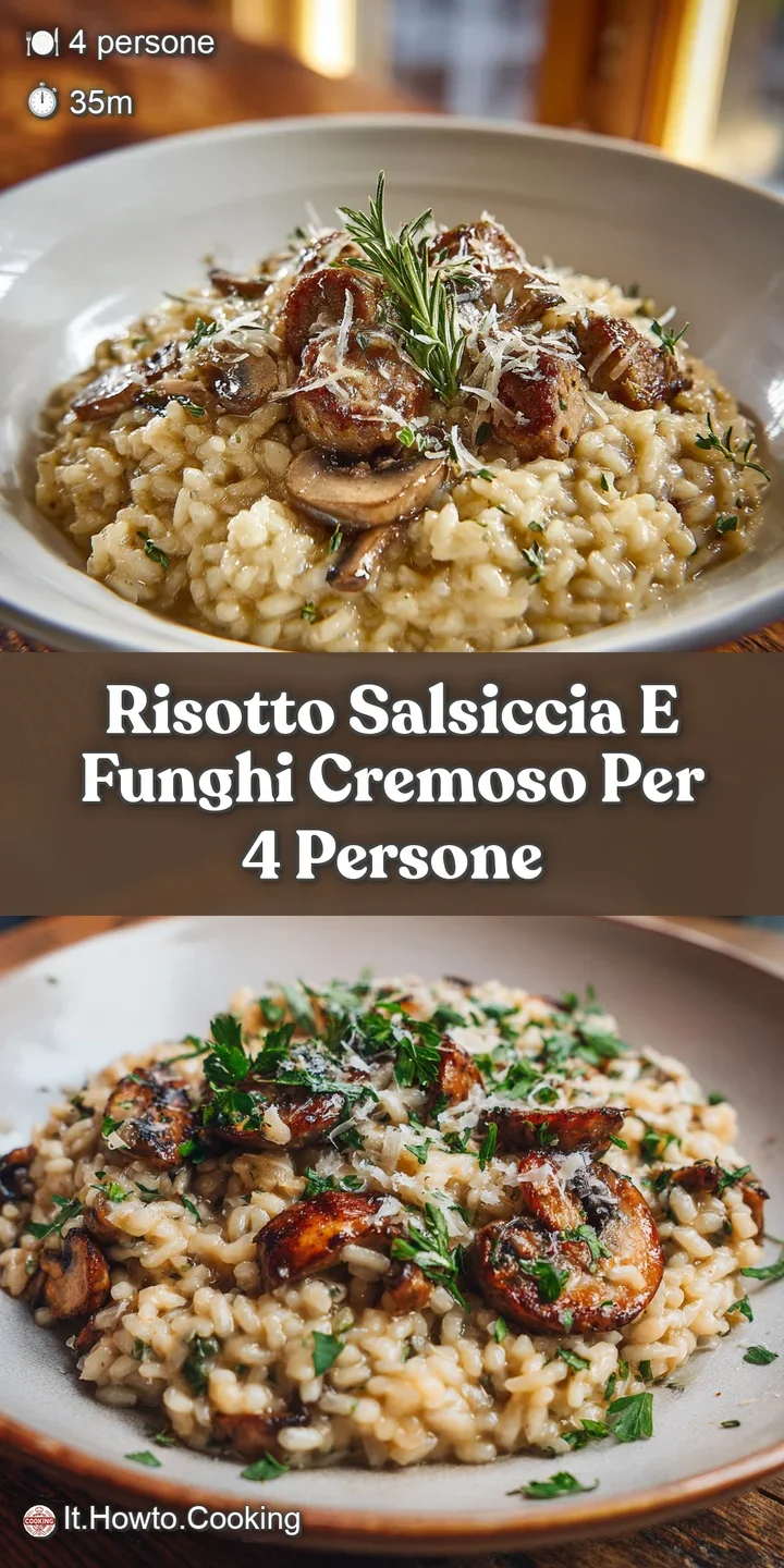 Close-up of glistening risotto, showcasing the textures of the sausage and mushrooms. Steam rises, hinting at the warmth o...