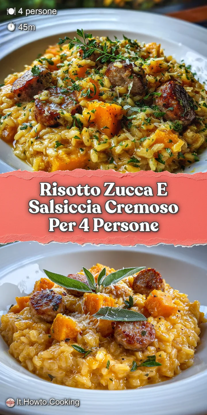 Close-up of vibrant orange risotto with savory sausage. Glistening surface suggests a rich, creamy texture. Sprinkled with...
