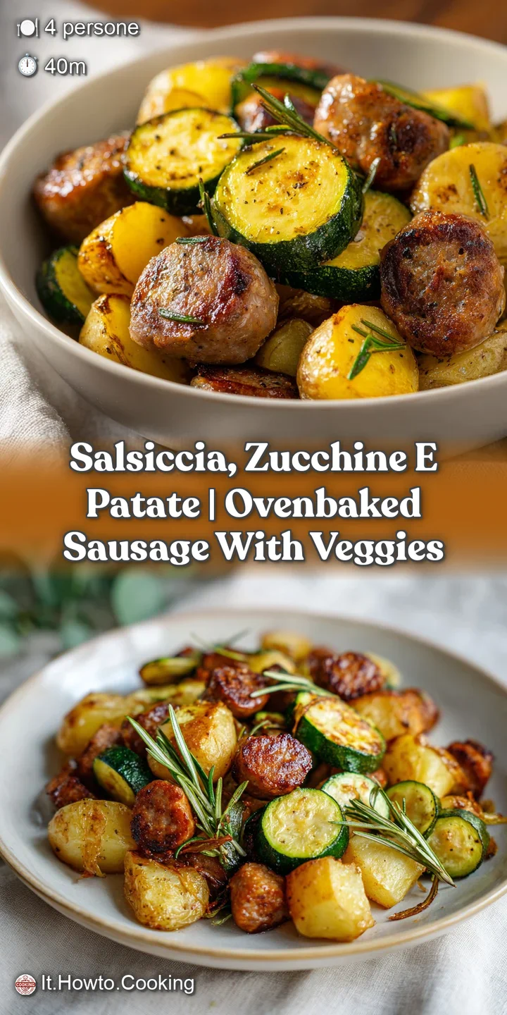 Primo piano di salsiccia ben rosolata accanto a zucchine lucide e patate dorate, con una consistenza croccante e succosa.