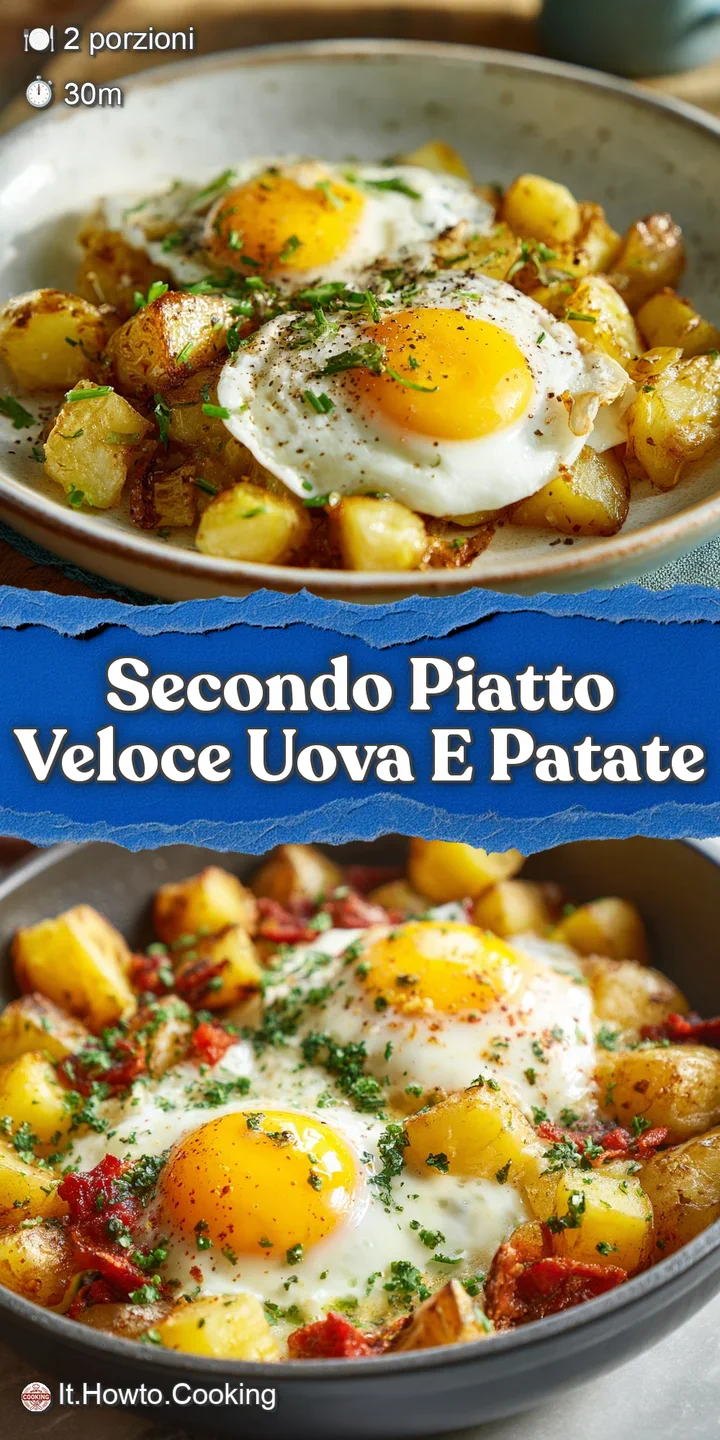 Close-up shows the rich, golden yolk oozing over crispy potatoes, the herbs adding a fresh pop of green, inviting and deli...